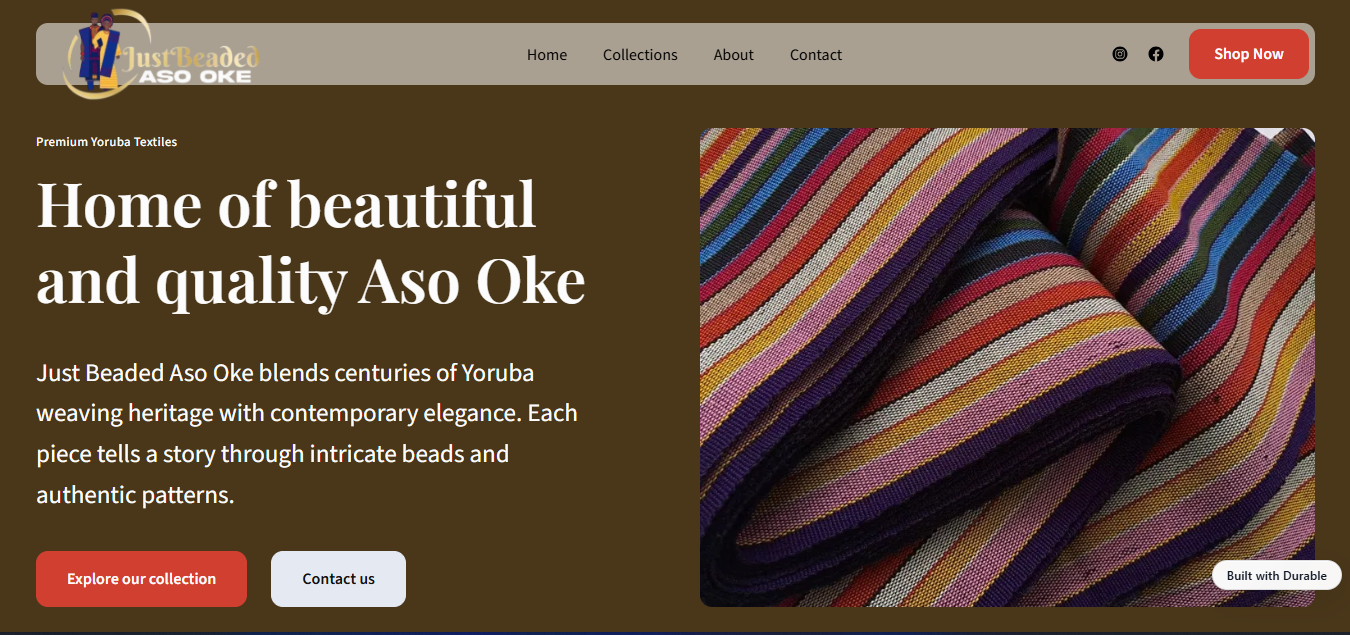 JustBeaded Aso Oke website homepage showcasing vibrant Yoruba textile patterns in red, blue, and gold tones representing premium handcrafted Aso Oke fabrics